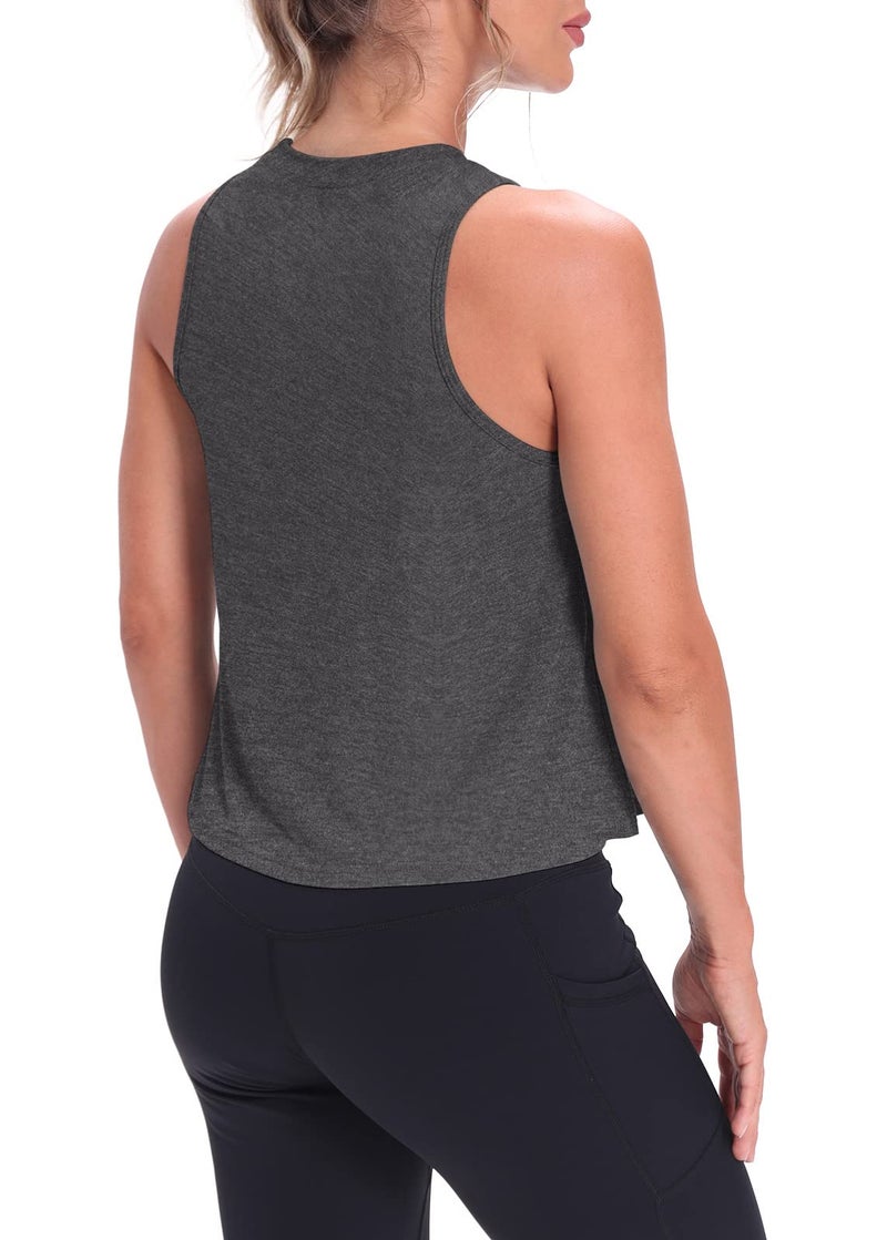 Mippo Workout Tops for Women High Neck Tank Cropped Workout Top Womens Muscle Tank Athletic Tshirts Crop Tees Heather Gray S - Image 3
